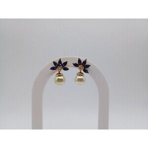 Vintage ROMAN Deep Purple/Blue Crystal Flower Earrings Faux Pearl Dangle 1"